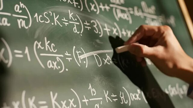 A hand writes complex mathematical equations on a green chalkboard, symbolizing intellectual pursuit and the importance of education, perfect for an International Youth Day theme.