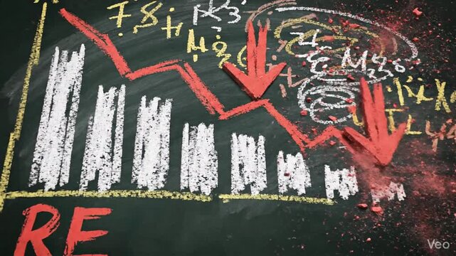 Abstract decreasing business financial graph animation on a chalkboard background representing economic recession and market crash with downward trend indicators for fiscal crisis analysis.