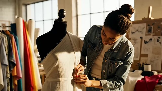 A creative young fashion designer meticulously drapes fabric onto a mannequin in her sunlit studio, celebrating skill and passion for International Youth Day.