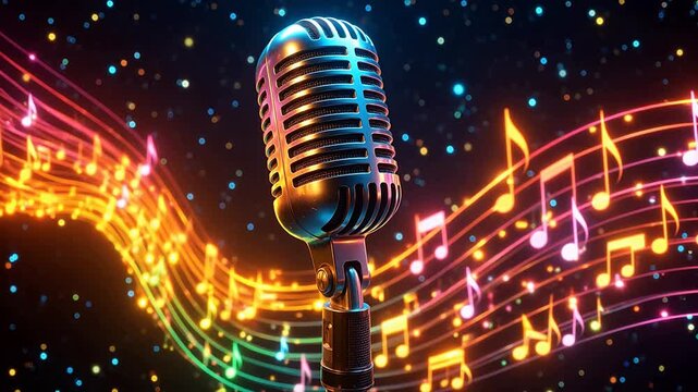 Retro microphone with colorful music notes