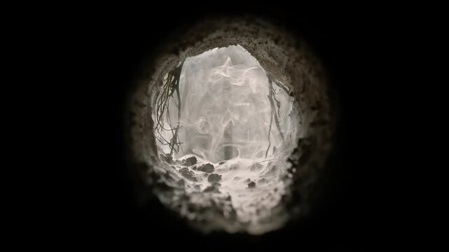 Cave filled with fog slowly revealing a crucifix in the opening of the empty tomb. Symbolic of the resurrection of Jesus Christ. Good Friday, He is Risen concept. Symbolizing faith or god in heaven.