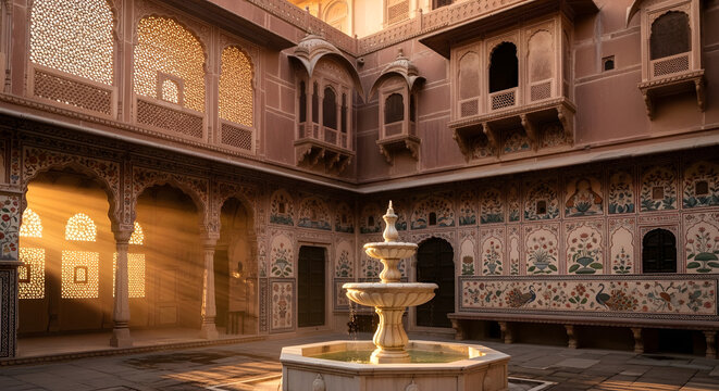 Beautifully designed Indian palace courtyard with ornate fountain and intricate wall paintings