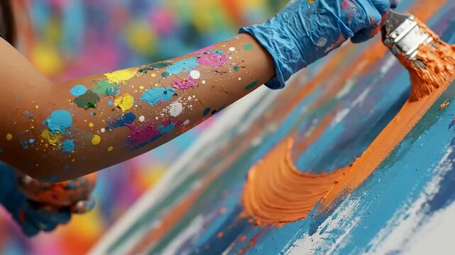A youthful artist's gloved hand and paint splattered arm create a vibrant mural, capturing the essence of creative freedom and a joyful International Youth Day celebration.
