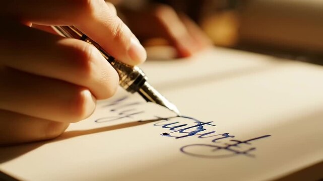 A hand gracefully writes 'My future' with an ornate fountain pen on pristine paper, beautifully symbolizing aspiration and purpose, a fitting scene for an International Youth Day Celebration.