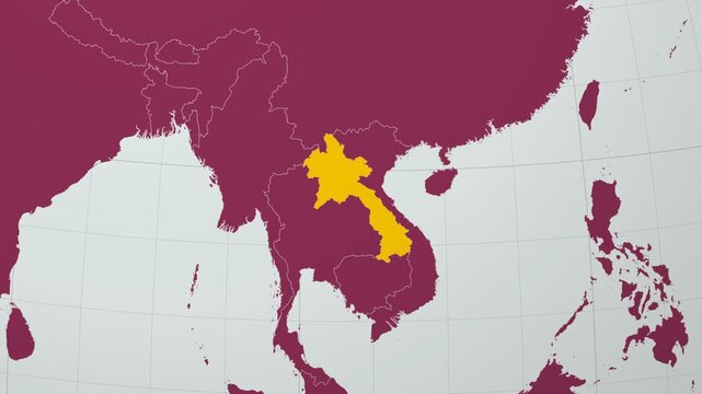 Laos map. Animated zoom into the country on the Globe in Pale Mint Dark Pink color palette. Country logo animation with round text and airplanes. Map with meridians, parallels. Modern video.