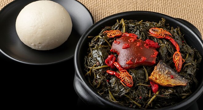 Cameroonian Eru in dark artisanal clay bowl, dark shiny eru leaves cooked with spinach and waterleaf creating rich deep texture