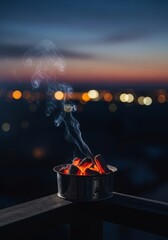 Fototapeta premium A dimly lit balcony scene during the late hours with glowing embers and smoke rising into the cool night air overlooking distant city lights, outside, darkness, orange
