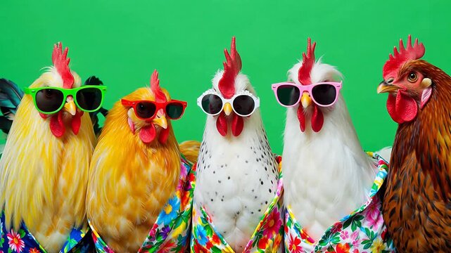 Chickens wearing sunglasses and shirts