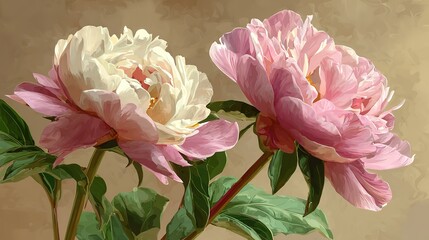 Fototapeta premium Pink and white peonies oil painting style green leaves light brown background warm digital two large flowers