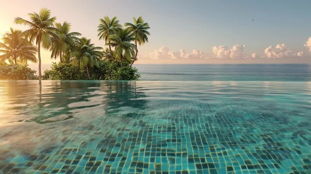 Luxury infinity pool with tropical palm trees overlooking calm ocean and clouds at sunrise. Panoramic summer vacation concept.