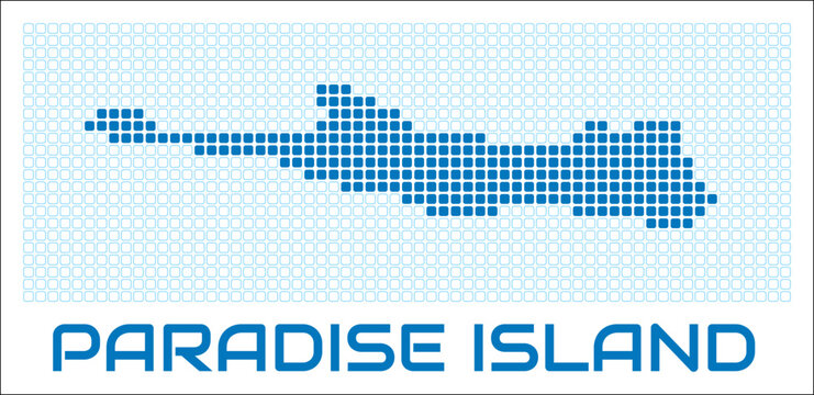 Paradise Island digital style map with blue rounded rectangle dots. Bahamas. Dotted boundary shape. Paradise Island blue colored map and title on white background. Elegant Vector Illustration.