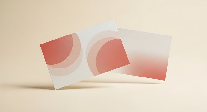 Two business cards with red and white designs are placed on a beige background.