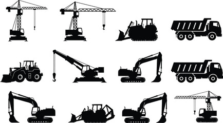 Black Silhouette Vector Illustration Set of Construction Heavy Machinery Including Excavators Tower Cranes Dump Trucks Bulldozers and Mobile Cranes for Industrial Building Site Projects © MstLata
