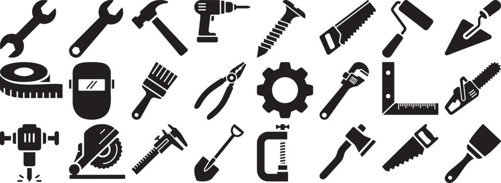 Black and white of various hand tools and equipment
