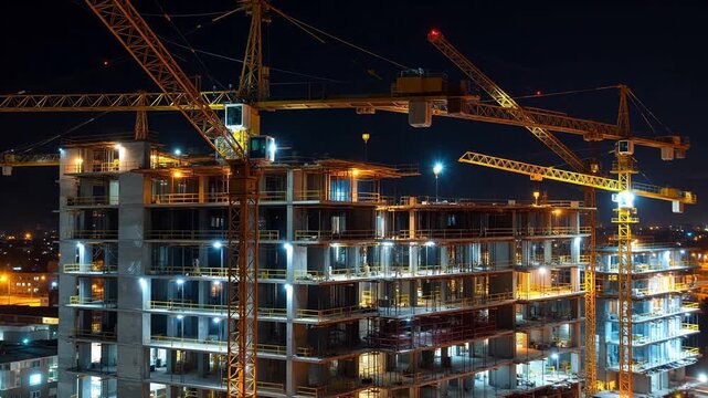 Nighttime construction site with cranes
