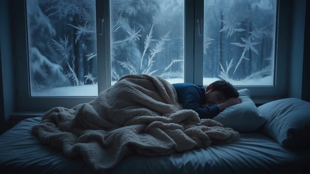 Window-Side Hibernation. Bed Rotting. Nature / Lifestyle. A photorealistic wide shot of a person curled under a mountain of blankets on a bed placed right next to a frosted winter window
