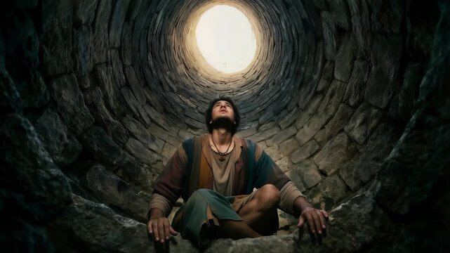 Young man in ancient layered garments sitting at the bottom of a deep circular stone well looking upward toward a circle of light at the top far above