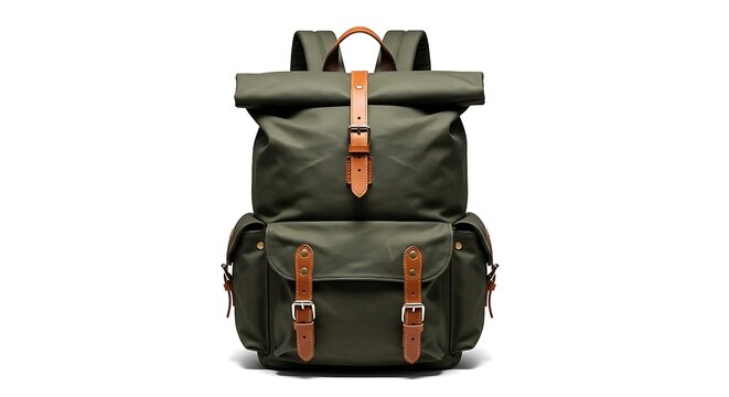 Olive green backpack with brown leather straps and buckles isolated on white background