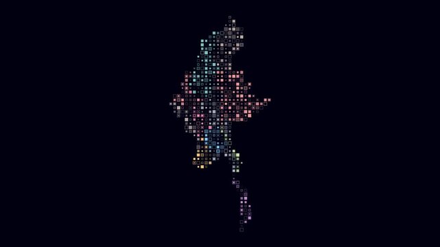 Myanmar animated country shape. Pulsating colored dots on the map of the country. Small size square blocks. Digital style Myanmar map on dark background. Simple animation video.