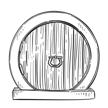 round wooden fantasy door vector line art hand drawn illustration