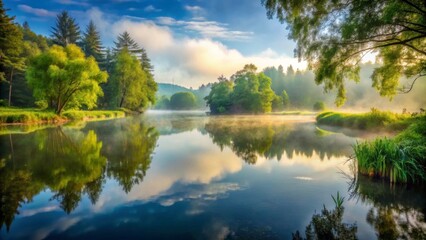 Obraz premium Tranquil Morning by the Serene Lake with Reflections and Mist