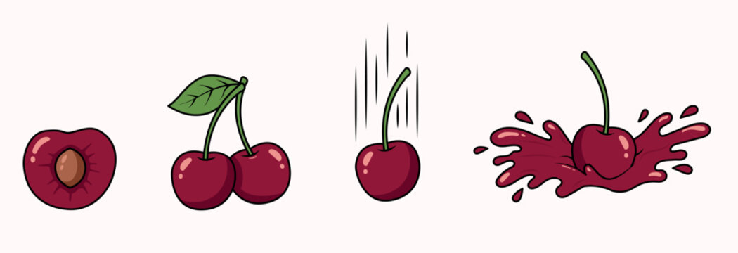 Cherry Vector Illustration Set with Whole Pair Falling and Juice Splash Effects on Beige Background
