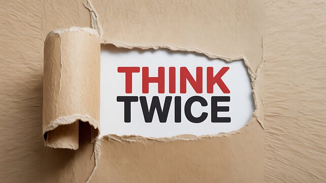 Close-up of torn kraft paper with think twice message