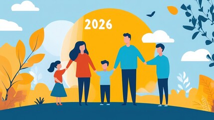 Fototapeta premium Family holding hands under sunny 2026 year background