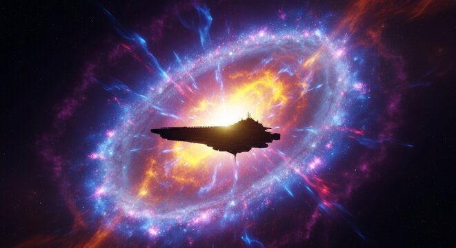 A powerful vessel's dark form dominates a colorful, exploding stellar gas cloud, symbolizing ultimate strength amidst galactic destruction, interstellar, giant, cataclysm
