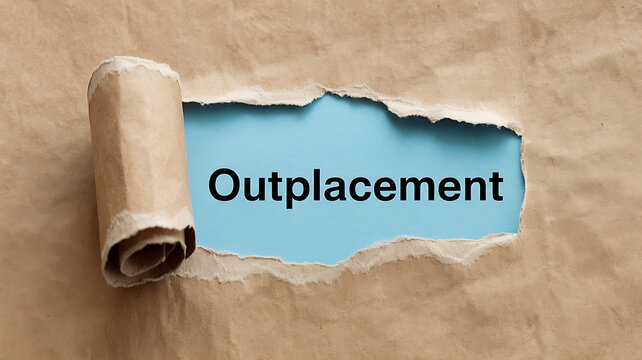 Torn brown paper with outplacement text revealed