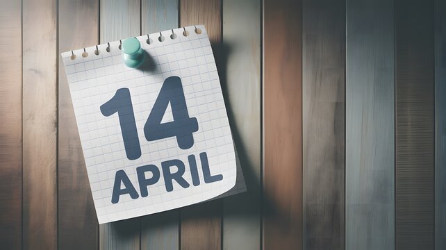 A white lined paper note displaying 14 April in bold blue text is pinned to a rustic multicolored wooden wall with a light blue pushpin