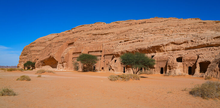 Ancient Nabataean rock-cut tombs at Jabal AlBanat necropolis in Hegra, AlUla, Saudi Arabia
