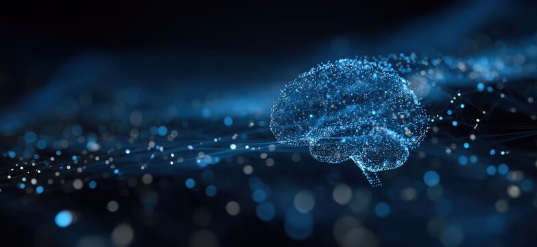 a blue digital brain made of glowing lines and dots, floating on top of an abstract background with many small white points connected by thin black lines Generative AI