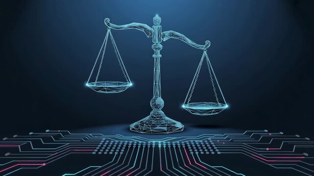 Digital scales of justice balancing on a futuristic circuit board, representing legal technology, cyber law, and ethical AI in a dark blue environment