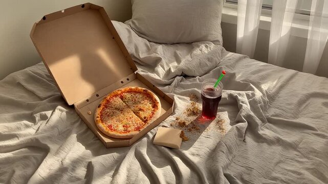 Breakfast in Bedlam. Bed Rotting. Lifestyle / Food. Photorealistic top-down shot of a messy bed with crumpled linen sheets, featuring an open box of pizza, a half-empty soda, and crumbs on the blanket