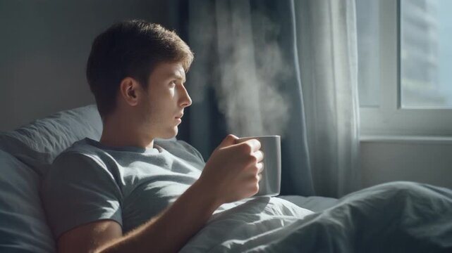 Coffee In Bed Pause. Bed Rotting. Lifestyle. Photorealistic medium shot of a young adult sitting in bed holding a mug of coffee while staring blankly out the window, set in a calm bedroom environment
