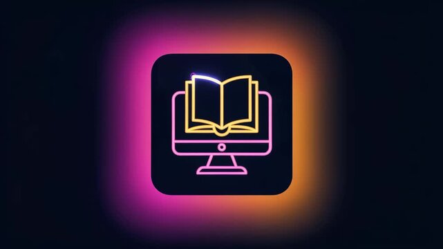 Glowing neon line icon of an open book on a computer monitor, symbolizing online education, e-learning, and digital knowledge access on a dark background