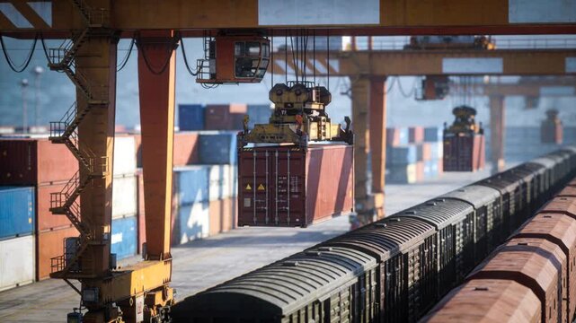 Industrial port shipping trade container crane logistics cargo container freight train port shipping hub crane structure vibrant