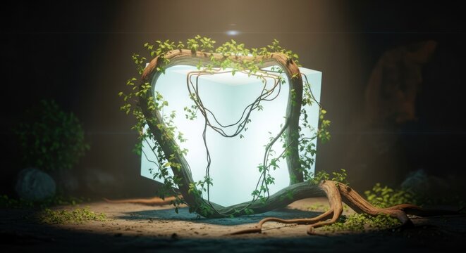 Glowing cube with vines and moss.