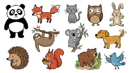 Fototapeta premium Cute cartoon animals including panda fox cat owl rabbit hedgehog