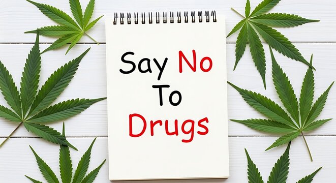 A spiral bound notebook featuring the message say no to drugs surrounded by cannabis leaf samples