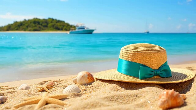 Beach hat with shells and ocean view