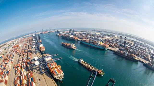Container port shipping trade harbor aerial view busy marine terminal logistics transportation industry global cargo harbor crane