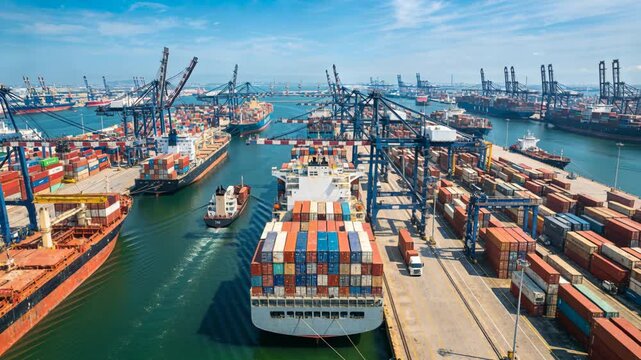 Container ship shipping trade port harbor cargo logistics freight vessel approaches busy harbor under blue bright sky
