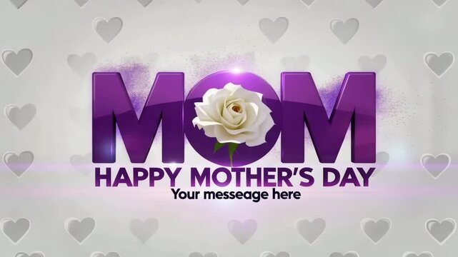 Happy Mother's Day greeting card design. Purple 3D text spelling MOM with a white rose on a grey background with subtle pattern of hearts. Elegant vector template for holiday banner.