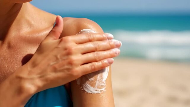 Woman applying sunscreen on shoulder at the beach, protecting skin from sun