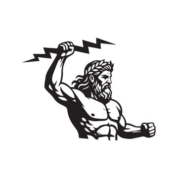 Powerful Greek god Zeus holding a lightning bolt black and white silhouette vector
