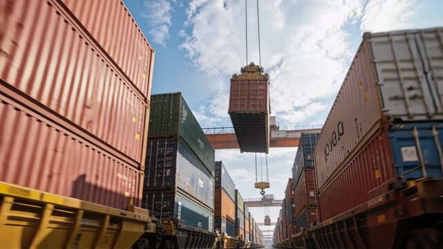 Container shipping cargo freight at port crane yard transport logistics industry scene with rail track and container yard sky view