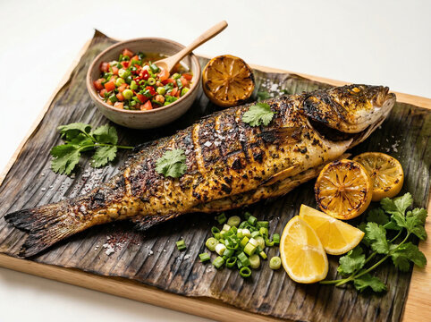 Samak Mashwi Middle Eastern Whole Grilled Fish with Chermoula Spice Lemon Tomato Coriander and Green Onion on White Background