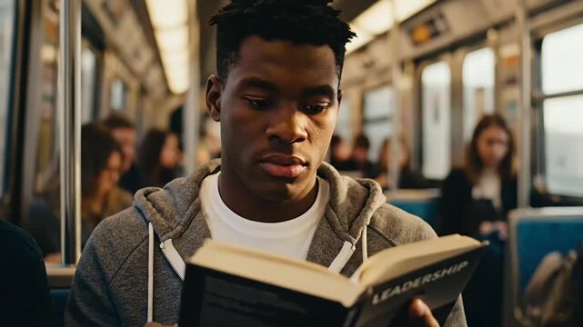 A studious young Black man absorbed in a book about leadership while commuting on a bright train perfectly captures the spirit of International Youth Day and ambition